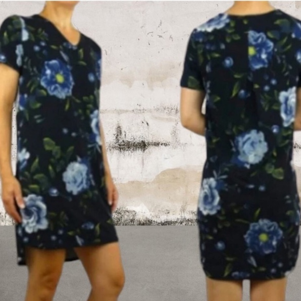 Christian Siriano New York Hi Low Tunic Dress Black Blue Floral V-Neck Women XL